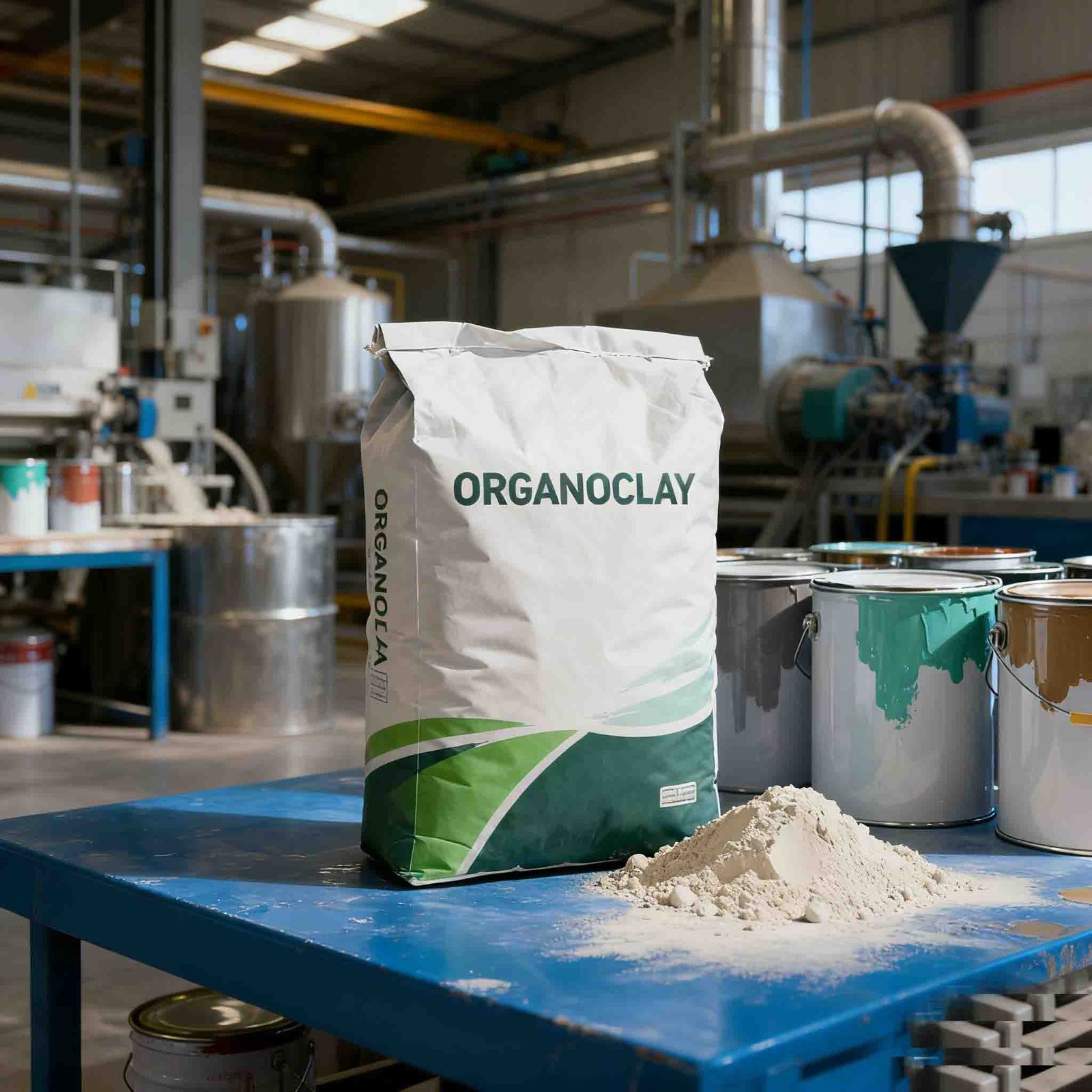 A pallet of organoclay bags in a warehouse